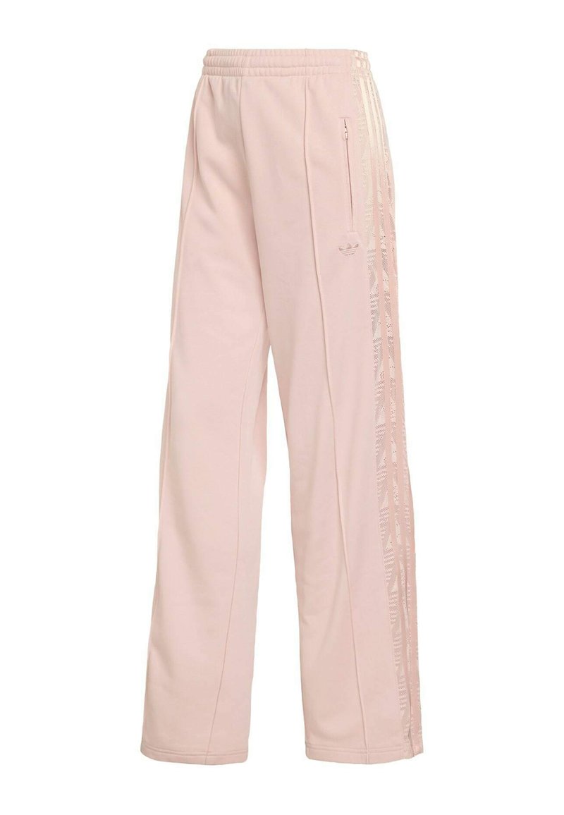 Light pink sweatpants made of soft fabric, featuring a drawstring waistband, side zipper pockets, and diagonal striped accents along the sides.