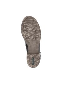 Semelle noire de chaussure avec une semelle en caoutchouc gris texturé, présentant un motif de bande de roulement et un logo en relief. Transition douce de la semelle au talon.