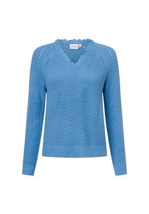 Helles blauer gestrickter Pullover mit V-Ausschnitt, gewellten Kanten und strukturiertem Rippenmuster. Lange Ärmel mit enganliegendem Saum und offenen Strickdetails.