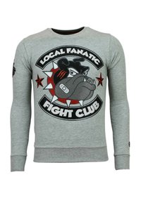 Lichtgrijze sweatshirt met lange mouwen met een woeste buldog die een halsband met spikes draagt, rode steraccenten en de tekst "Local Fanatic Fight Club".