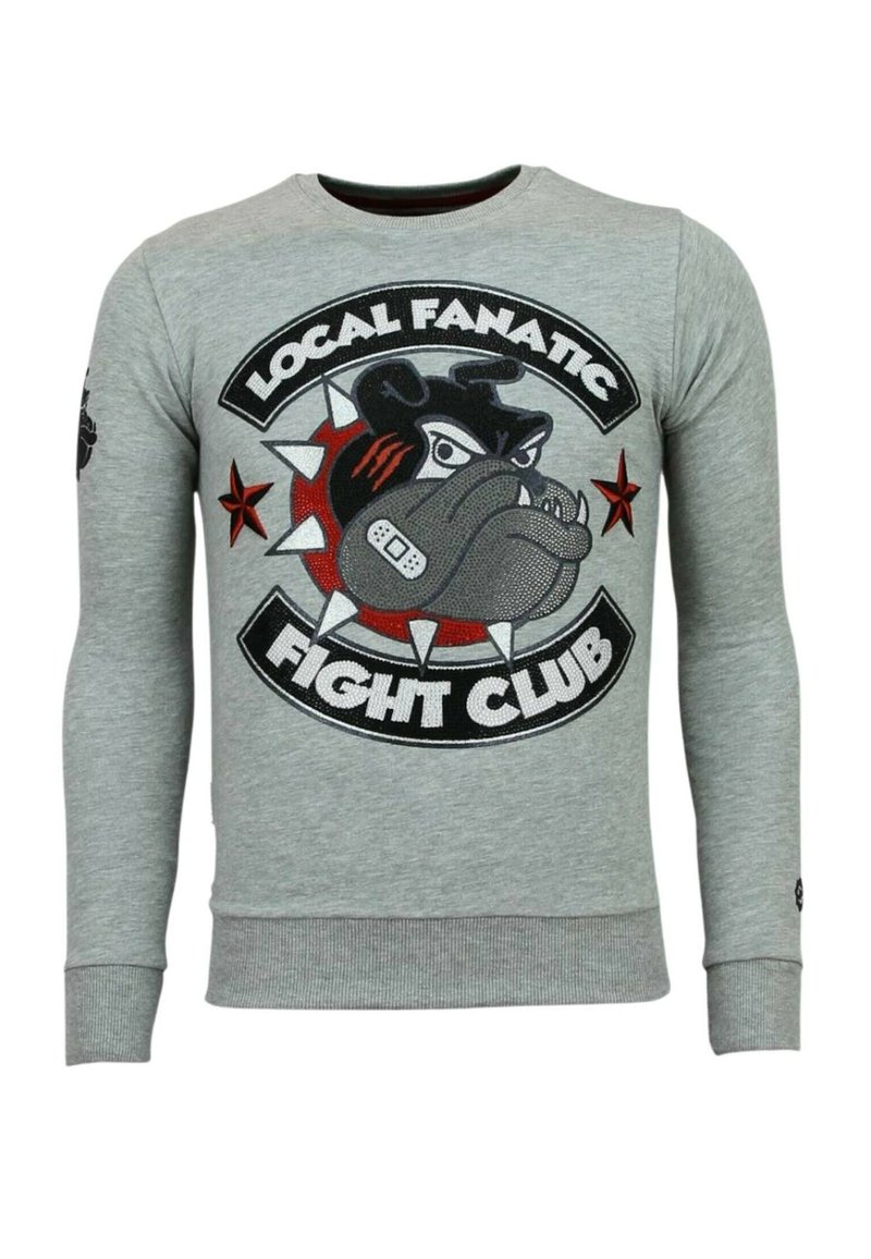 Lichtgrijze sweatshirt met lange mouwen met een woeste buldog die een halsband met spikes draagt, rode steraccenten en de tekst "Local Fanatic Fight Club".