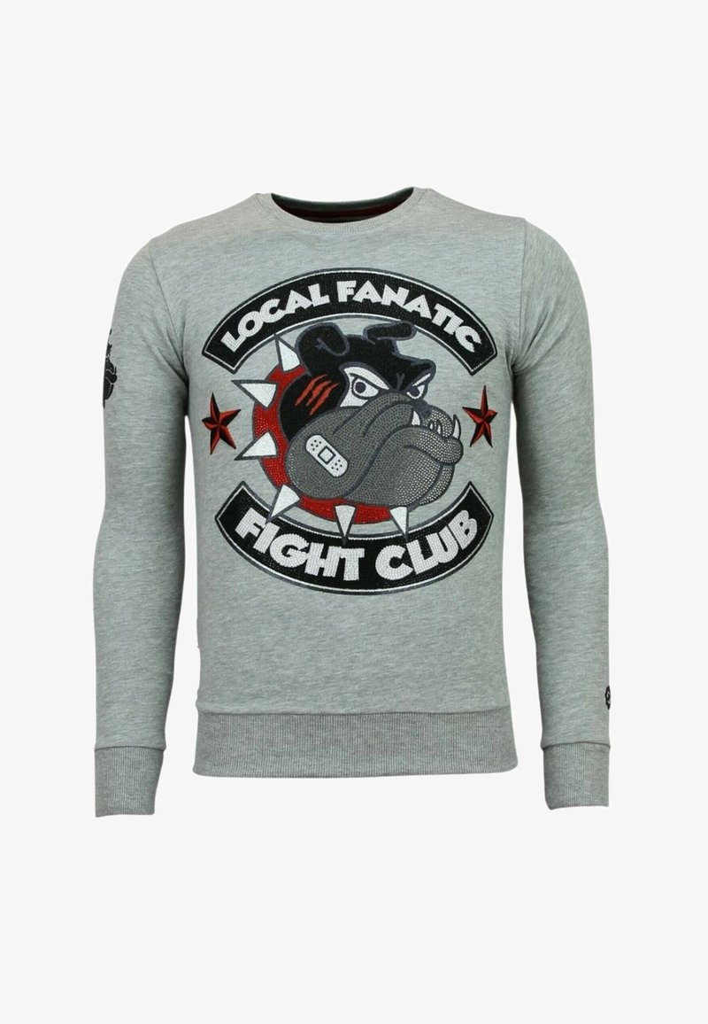 Lichtgrijze sweatshirt met lange mouwen met een woeste buldog die een halsband met spikes draagt, rode steraccenten en de tekst "Local Fanatic Fight Club".
