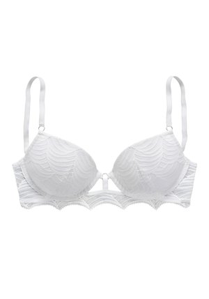 Soutien-gorge en dentelle blanche avec coussinets, bordure en dentelle festonnée et bretelles ajustables. Présente un motif en vagues texturé sur les cups.
