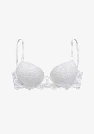 Soutien-gorge en dentelle blanche avec coussinets, bordure en dentelle festonnée et bretelles ajustables. Présente un motif en vagues texturé sur les cups.