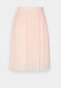 Różowa spódnica do kolan z plisami, szerokim, elastycznym pasem i delikatnym plisowanym wzorem. Gładka faktura podkreśla lekkość i zwiewny wygląd.