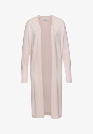 Šviesiai rožinė kardiganas, ilgomis rankovėmis, atviru priekiu, minkšta tekstūra, raibuliuojančios rankogaliai ir apatinė dalis, be raštų ar užsegimų.