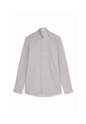 Herrenhemd mit langen Ärmeln und feinem schwarz-weiß kariertem Muster, mit Knopfleiste vorne und spitzem Kragen, auf weißem Hintergrund flach liegend.