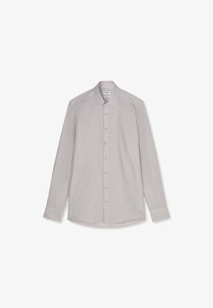 Camicia da uomo a maniche lunghe con motivo a quadretti bianchi e neri, chiusura con bottoni sul davanti e colletto appuntito, posata distesa su sfondo bianco.
