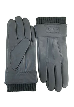 Paire de gants en cuir noir avec poignets en tricot côtelé, l'un montrant la paume et l'autre le dos avec un patch logo "Deeluxe".