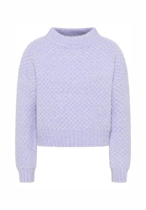 Pulover tricotat de culoare lavandă deschisă, cu un model texturat în diamante, gât rotund și manșete și tiv cu dantelă. Design scurtat, material moale.