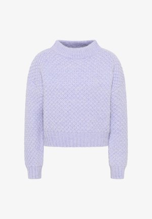 Világoslila kötött pulóver texturált gyémántmintával, kerek nyakkivágással és bordás mandzsettákkal, valamint szegéllyel. Rövidített fazon, puha anyag.