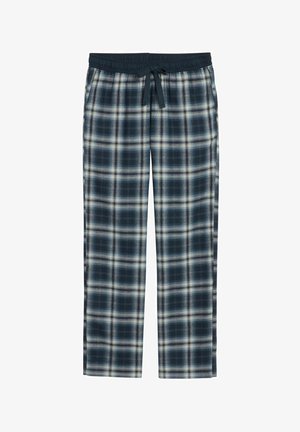 Kariertet Pyjamahosen in Marineblau, Creme und Hellblau mit elastischem Bund, Kordelzug und lockerem, geradem Bein.