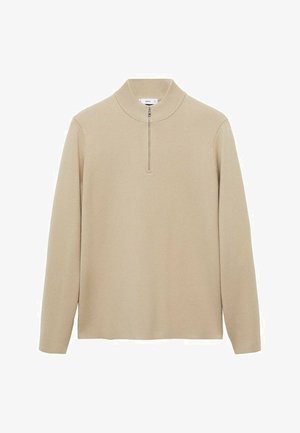 Beige Langarm-Pullover mit hohem Kragen und Viertelreißverschluss. Weiche Stricktextur, gerade geschnitten und ohne sichtbare Muster oder Beschläge.