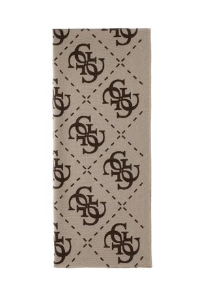 Beige stof met donkerbruine interlockende logopatronen en gestippelde diamantvormen in een herhalend ontwerp.