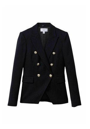 Blazer nero doppiopetto con bottoni dorati, rever a punta e due tasche frontali; tessuto strutturato con vestibilità su misura.