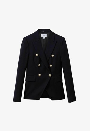 Black double-breasted blazer with gold buttons, notched lapels, and two front pockets; textured fabric with a tailored fit.