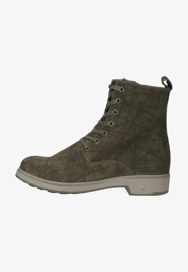 Botte de cheville en suede vert olive avec motif géométrique, sept œillets, languette et semelle en caoutchouc gris clair.