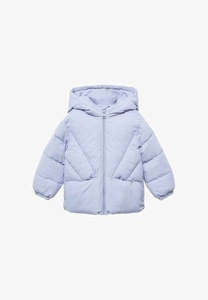 Giacca puffer viola chiaro con cappuccio, dotata di zip frontale, polsini elasticizzati e dettagli trapuntati per l'isolamento.