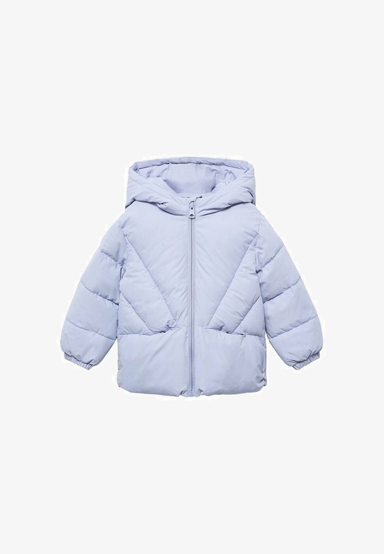 Svetlo vijolična pufer jakna s kapuco, z sprednjim zadrgo, elastičnimi manšetami in prešito podrobnostmi za izolacijo.