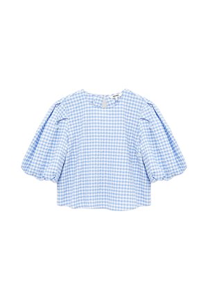 Light blue and white gingham blouse with puffed 3/4 sleeves and round neckline.