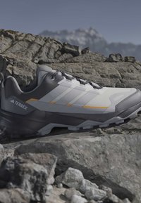 Γκρι και λευκό παπούτσι trail running Adidas Terrex με μαύρες και κίτρινες λεπτομέρειες τοποθετημένο σε βραχώδες έδαφος με βουνά στο φόντο.