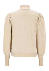 Pull en maille beige avec un col montant côtelé, des manches bouffantes et des poignets et ourlet côtelés. Texture lisse avec une silhouette ajustée.