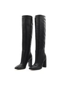 Stivali neri in pelle al ginocchio con punta affusolata e tacco a blocco, caratterizzati da una finitura liscia e un design senza cuciture.