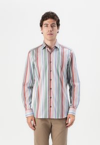Striped button-up shirt featuring alternating pastel colors in vertical lines, long sleeves, and a spread collar with contrasting cuffs.