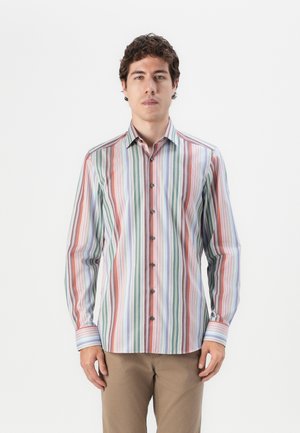Striped button-up shirt featuring alternating pastel colors in vertical lines, long sleeves, and a spread collar with contrasting cuffs.