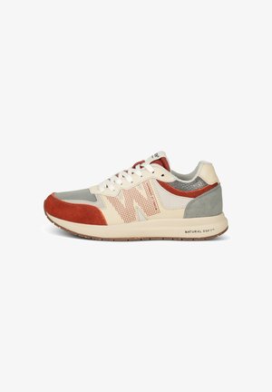 Men's sneakers featuring a mix of beige, rust, and grey suede, mesh upper, textured accents, and a cushioned sole. "N" logo on the side.