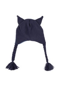 Cappello lavorato a maglia blu navy con orecchie da gatto, dotato di frange intrecciate su ciascun lato. Texture morbida e vestibilità aderente con una corona arrotondata.
