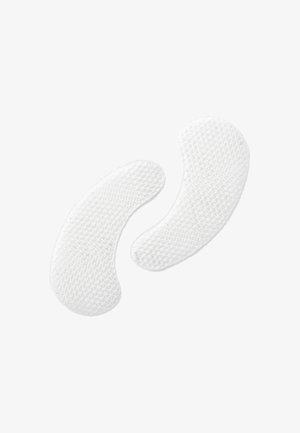 Patchs oculaires en gel blancs avec un motif en maille texturé, façonnés en formes courbes pour une application sous les yeux, conçus pour une utilisation en soin de la peau.