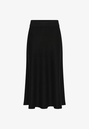 Čierna sukňa strednej dĺžky s priliehavým rebrovaným pásom a áčko siluetou.