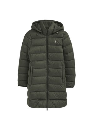 Manteau matelassé vert foncé, avec capuche, fermeture éclair frontale, deux poches latérales et un motif matelassé texturé. Matière légère.