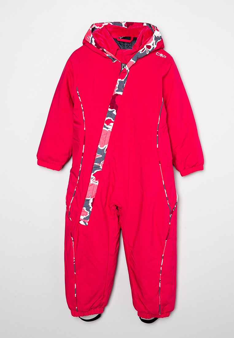 Monoski rojo aislante con un forro de capucha estampado y cremallera. Cuenta con puños elásticos y tirantes en los tobillos para un ajuste seguro.