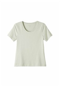 Lys grøn kortærmet T-shirt med rund halsudskæring. Glat stoftekstur, minimalt design og ingen synlige dekorationer eller mønstre.