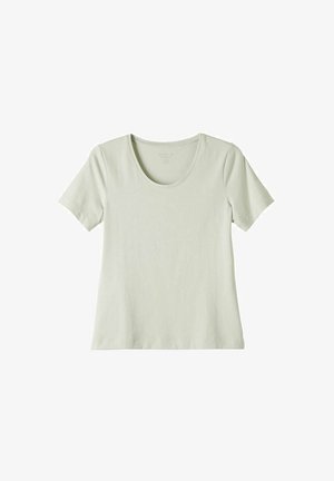 Lys grøn kortærmet T-shirt med rund halsudskæring. Glat stoftekstur, minimalt design og ingen synlige dekorationer eller mønstre.