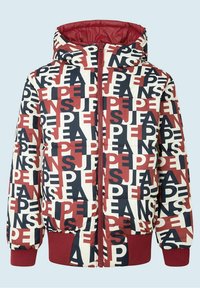 Vadderad huva jacka med ett upprepande logomönster i röd, marinblå och krämfärg med en frontdragkedja och elastiska ärmar.