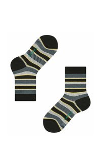 Skarpety w paski w kolorze czarnym, szarym i żółtym. Posiadają poziome paski, wzmocnioną część palca i pięty. Miękka tekstura i długość do połowy łydki.