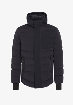 Tumesinise värvi puhvjakka, millel on quilting-disain, reguleeritav kapuuts, ees olevad tõmbluku taskud ja soonilised varrukad soojustamiseks.