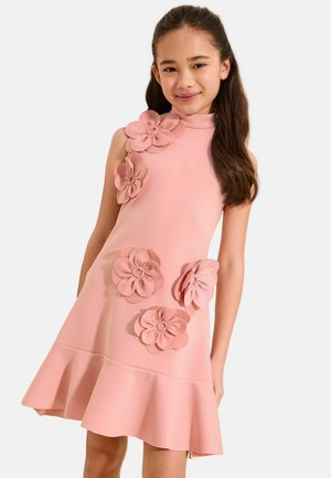 Niña con cabello largo y castaño, vestida con un vestido rosa sin mangas con grandes apliques florales 3D y un dobladillo acampanado, sonriendo ligeramente.
