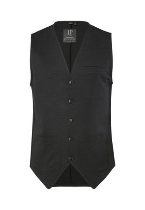 Schwarze ärmellose Weste mit Knöpfen und V-Ausschnitt, zwei unteren aufgesetzten Taschen und einer oberen Leistentasche, mit dem Etikett "JP 1880".