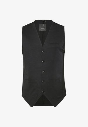Zwarte mouwloze gesloten vest met V-hals, twee lagere opgestikte zakken en één bovenste borstzak met bies, gelabeld "JP 1880".