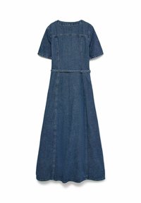 Tumesinise vintage-kleit lühikeste varrukatega, lameda vöökohaga, nähtavate õmbluste ja kellukese lõikega seelikuga, tagantvaates, valgel taustal.