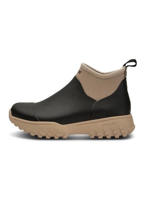 Black and beige waterproof ankle boots with a smooth leather finish, textured rubber sole, and pull tab for easy wear.