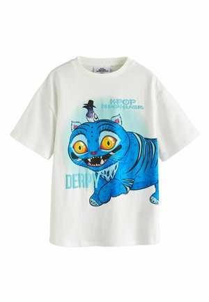 White short-sleeve shirt with a large blue cartoon cat with yellow eyes and a bird wearing a hat on its head, text "KPOP DEMON HUNTERS" and "DERPY."
