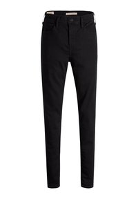 Jean noir slim avec fermeture par bouton et zip, passants de ceinture et poches avant et arrière, présenté sur un fond blanc uni.