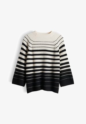 Schwarz-creme gestreifter Pullover mit einer gerippten Textur, weiten Ärmeln und einem leicht abgerundeten Ausschnitt, der horizontale Streifen in unterschiedlichen Breiten aufweist.