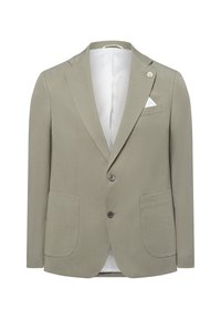 Hellgrüner Blazer aus glattem Stoff; verfügt über einen Zwei-Knopf-Verschluss, einen Reverskragen und ein weißes Einstecktuch in der Brusttasche.