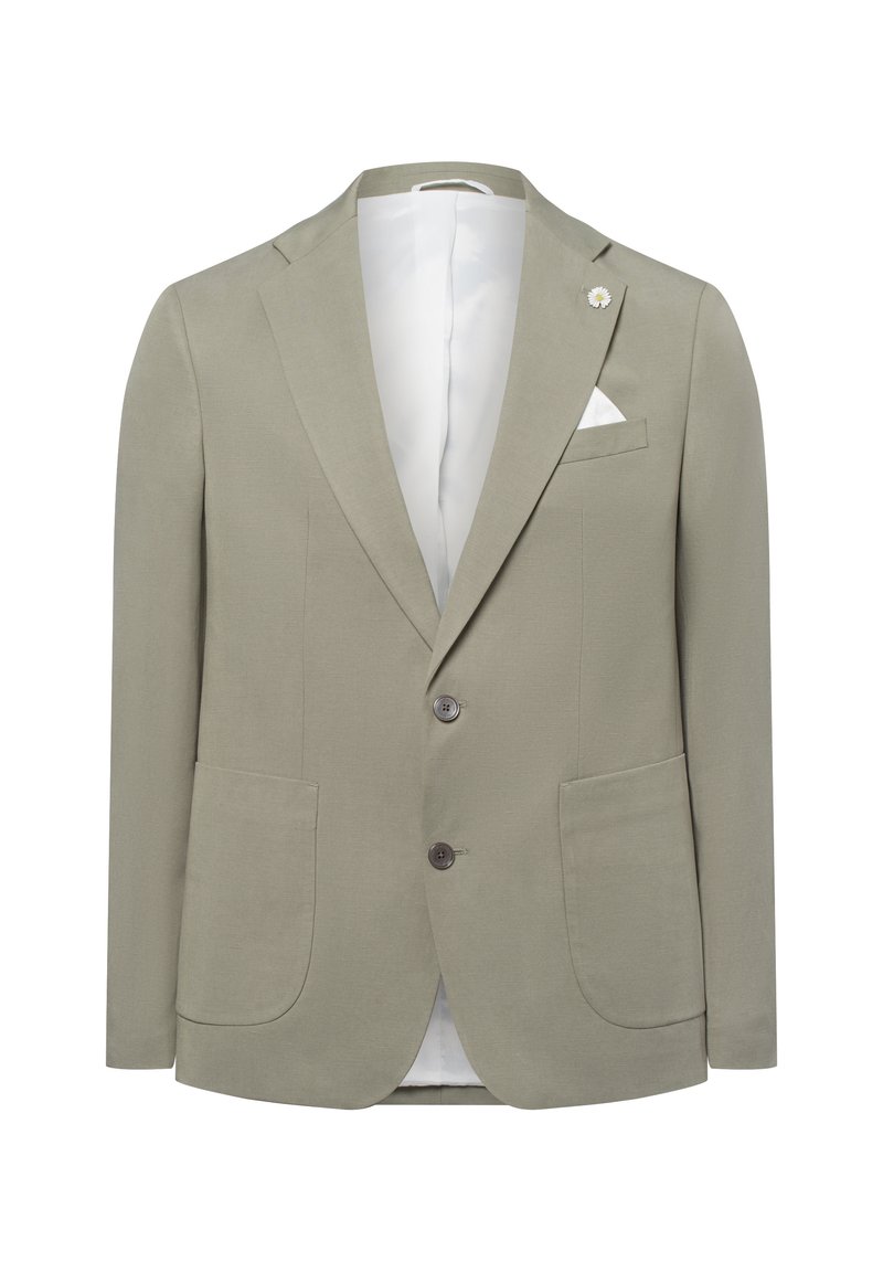 Hellgrüner Blazer aus glattem Stoff; verfügt über einen Zwei-Knopf-Verschluss, einen Reverskragen und ein weißes Einstecktuch in der Brusttasche.